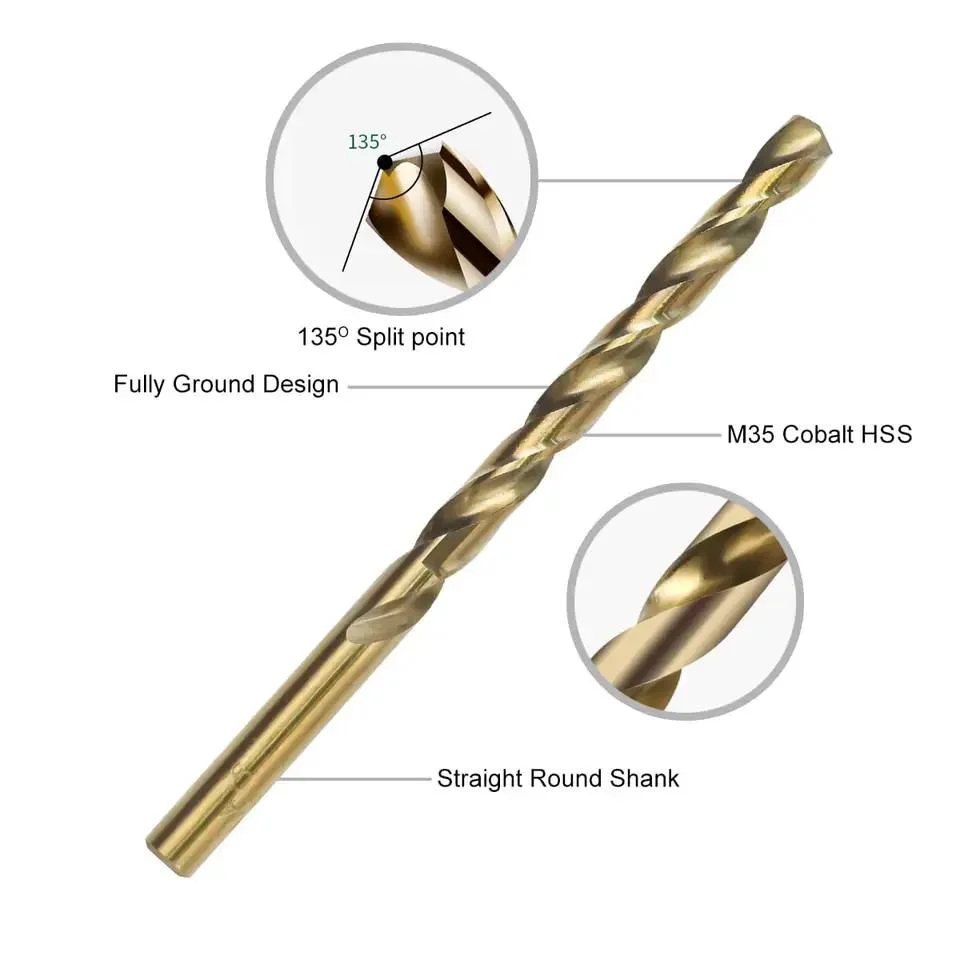 13PCS Cobalt, M35 HSS Twist Drill Bit for Hardened Metal, Cast Iron, Stainless Steel, Plastic and Wood