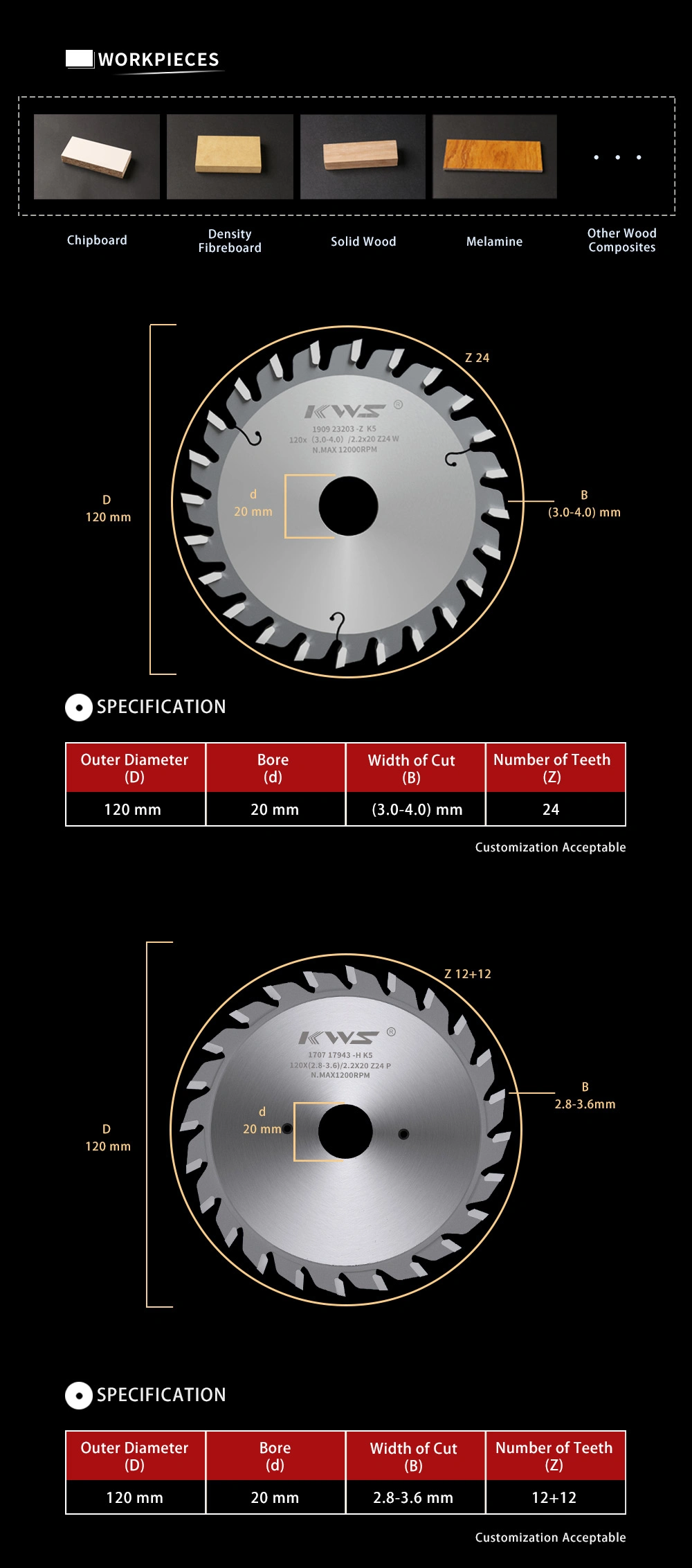 Kws Saw Blade for Wood PCD Adjustable Scoring Saw Blade for Table Saw Machine